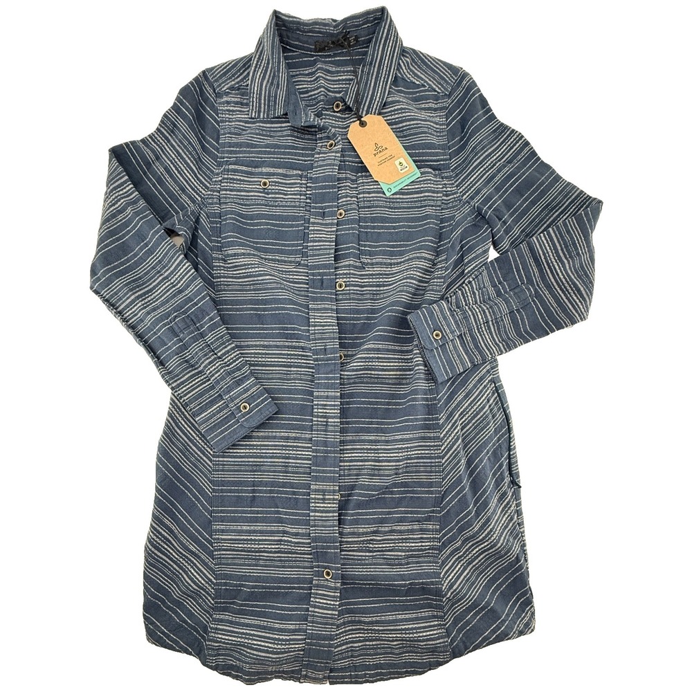 Prana Dyri Dress Womens Small Blue Striped Shirt Dress Organic Cotton NWT $89